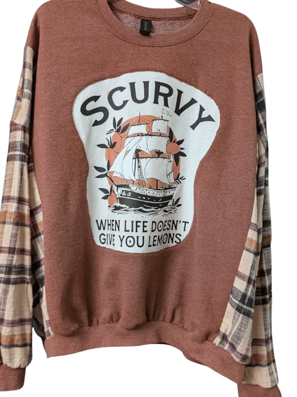 Upcycled Scurvy Sweatshirt XL Plaid Sleeve Pirate Graphic Cozy Statement Top